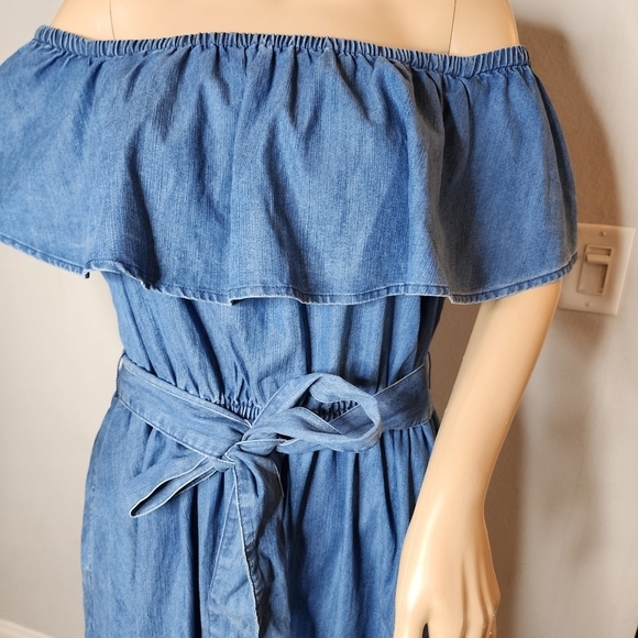 Lane Bryant On/Off Shoulder Blue Chambray Belted Dress Side Pockets Sz 14/16 1X - Picture 8 of 14